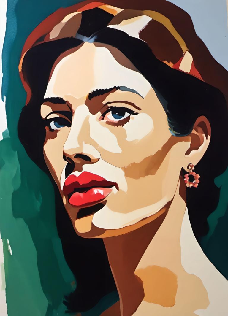 Gouache,Gouache, People, woman, solo, 1girl, earrings, jewelry, black hair, blue eyes, lipstick, portrait