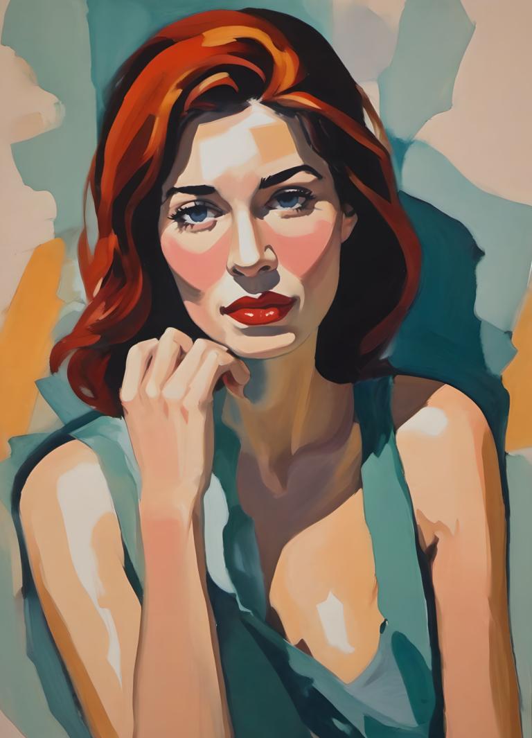 Gouache,Gouache, People, woman, 1girl, solo, red hair, red lips, upper body, makeup, looking at viewer