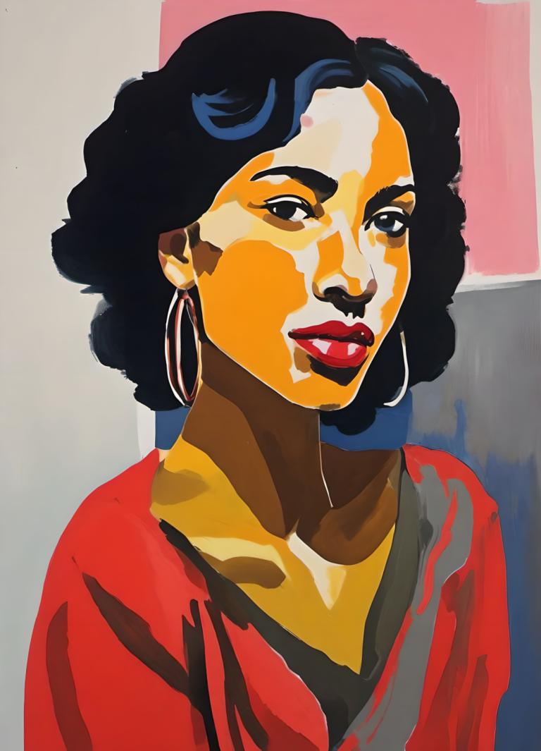 Gouache,Gouache, People, woman, 1girl, solo, jewelry, earrings, black hair, afro, hoop earrings, upper body