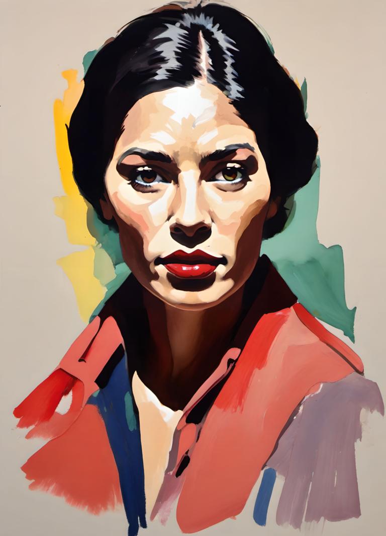 Gouache,Gouache, People, woman, solo, black hair, male focus, 1boy, brown eyes, red lips, portrait, makeup