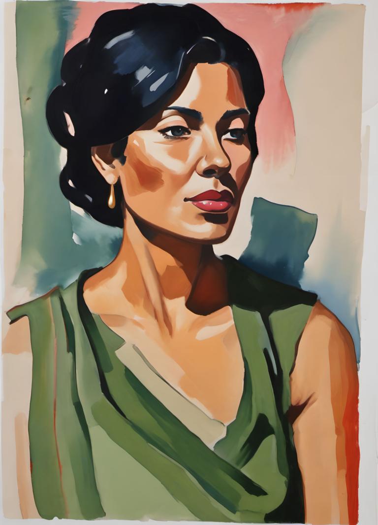 Gouache,Gouache, People, woman, solo, jewelry, earrings, black hair, green shirt, 1girl, upper body