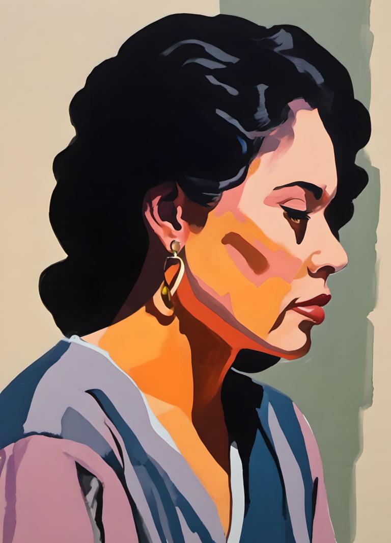 Gouache,Gouache, People, woman, 1girl, solo, jewelry, earrings, black hair, facepaint, profile, shadow