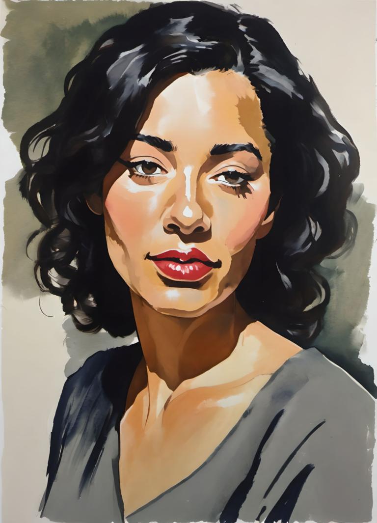 Gouache,Gouache, People, woman, 1girl, solo, black hair, brown eyes, red lips, looking at viewer, lipstick