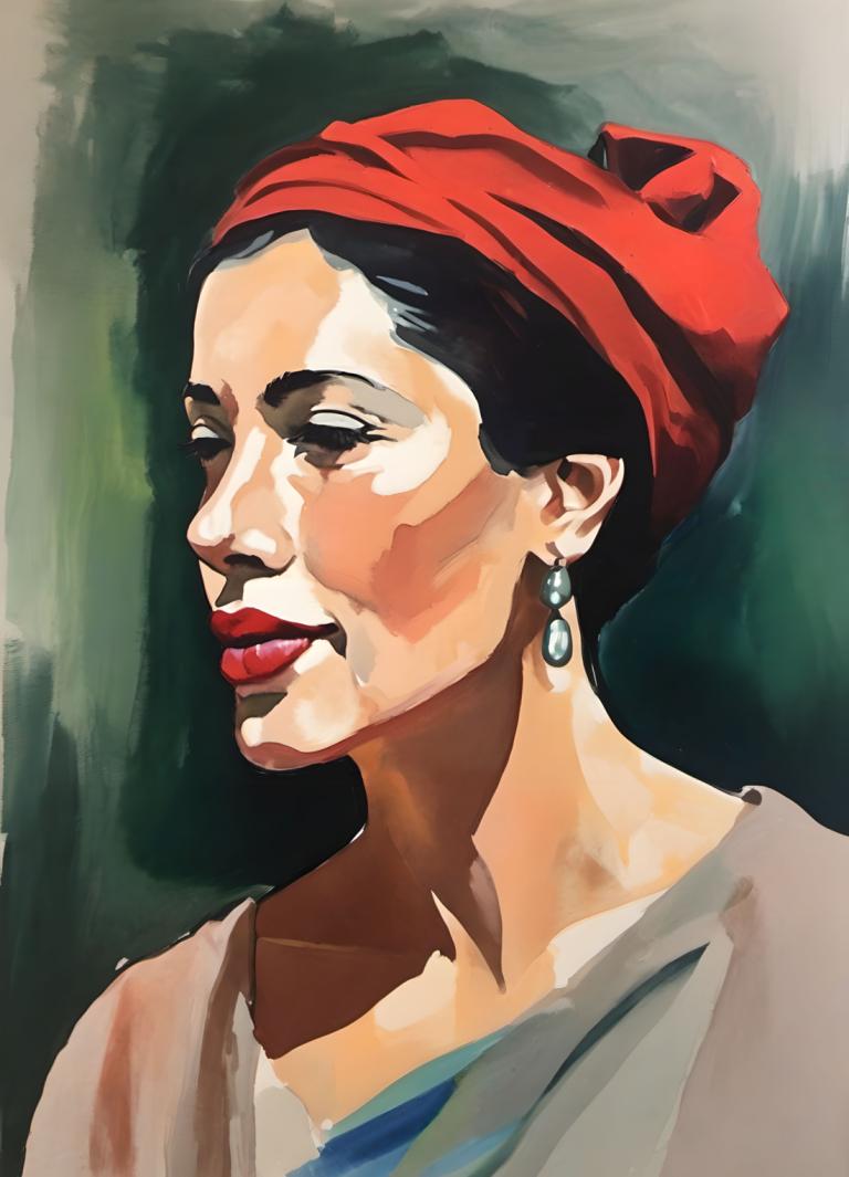 Gouache,Gouache, People, woman, solo, jewelry, earrings, 1girl, black hair, lipstick, makeup, red lips