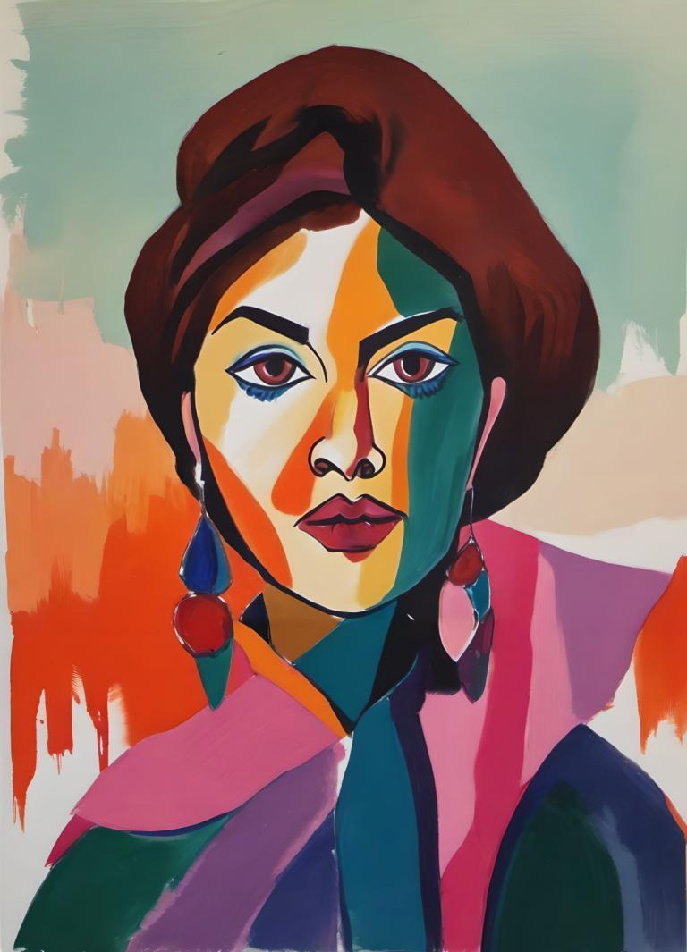 Gouache,Gouache, Gente, mujer, solo, pendientes, joyas, 1 chica, Pelo castaño, pintura facial, retrato