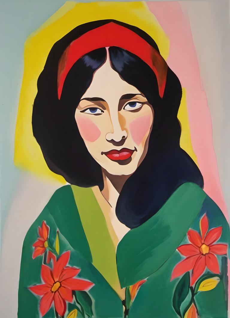 Gouache,Gouache, People, woman, 1girl, solo, black hair, hairband, red hairband, floral print