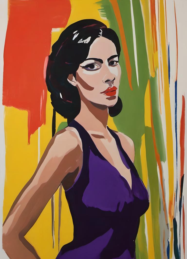 Gouache,Gouache, People, woman, 1girl, solo, black hair, dress, purple dress, makeup, lipstick