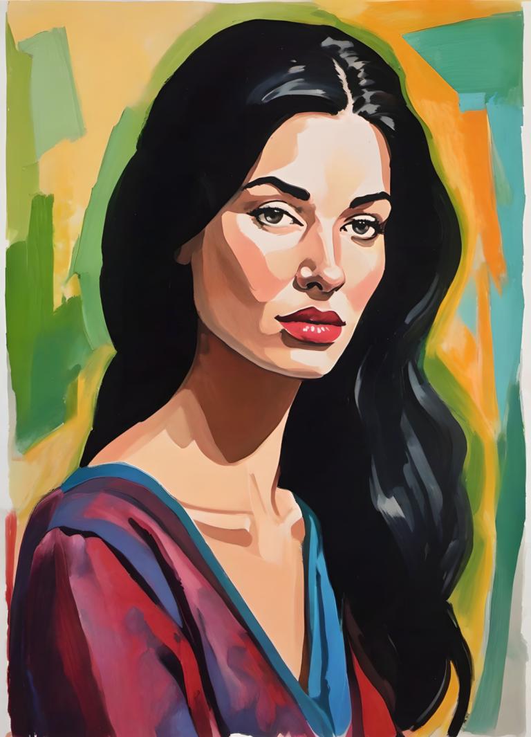 Gouache,Gouache, People, woman, 1girl, solo, black hair, long hair, looking at viewer, red lips, black eyes