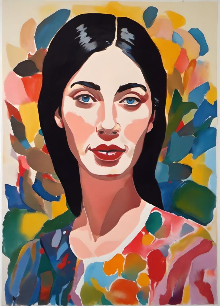 Gouache,Gouache, People, woman, solo, 1girl, black hair, blue eyes, red lips, smile, long hair, shirt