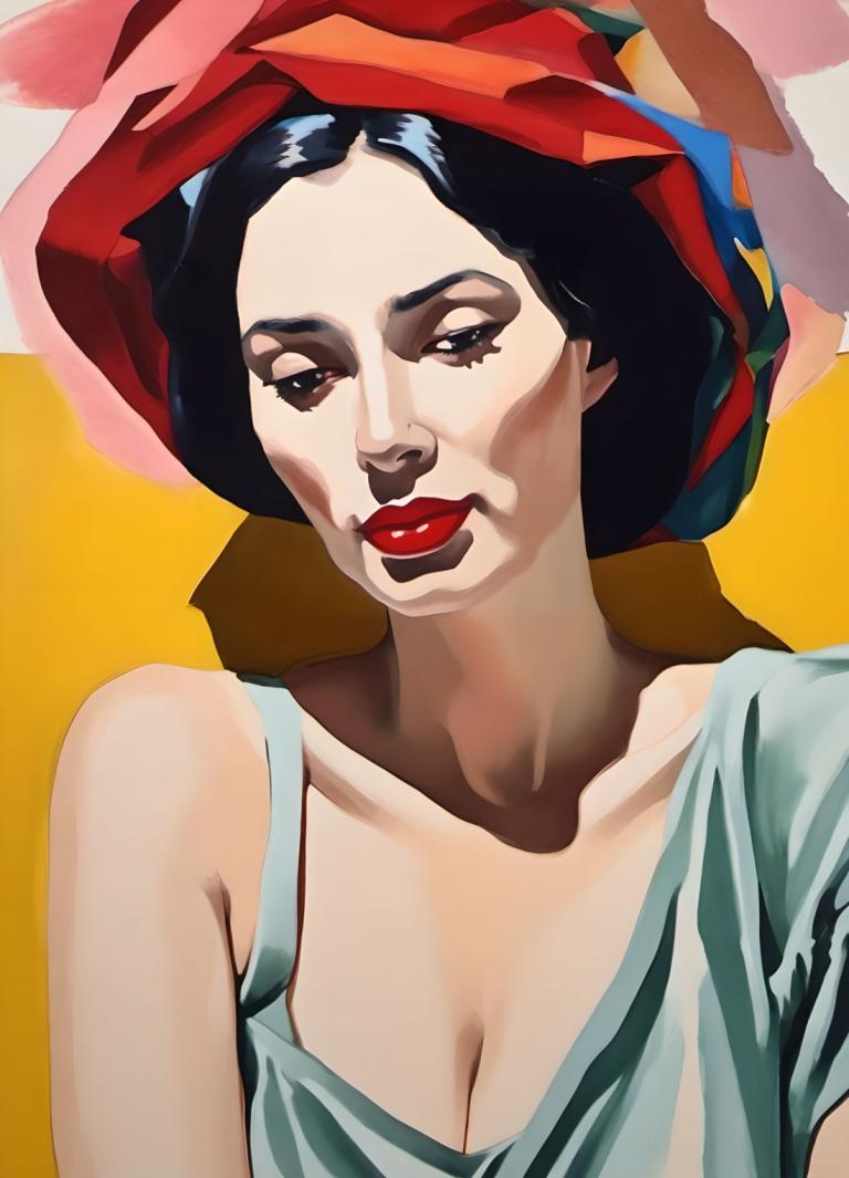 Gouache,Gouache, People, woman, 1girl, solo, black hair, breasts, cleavage, red lips, makeup, lipstick