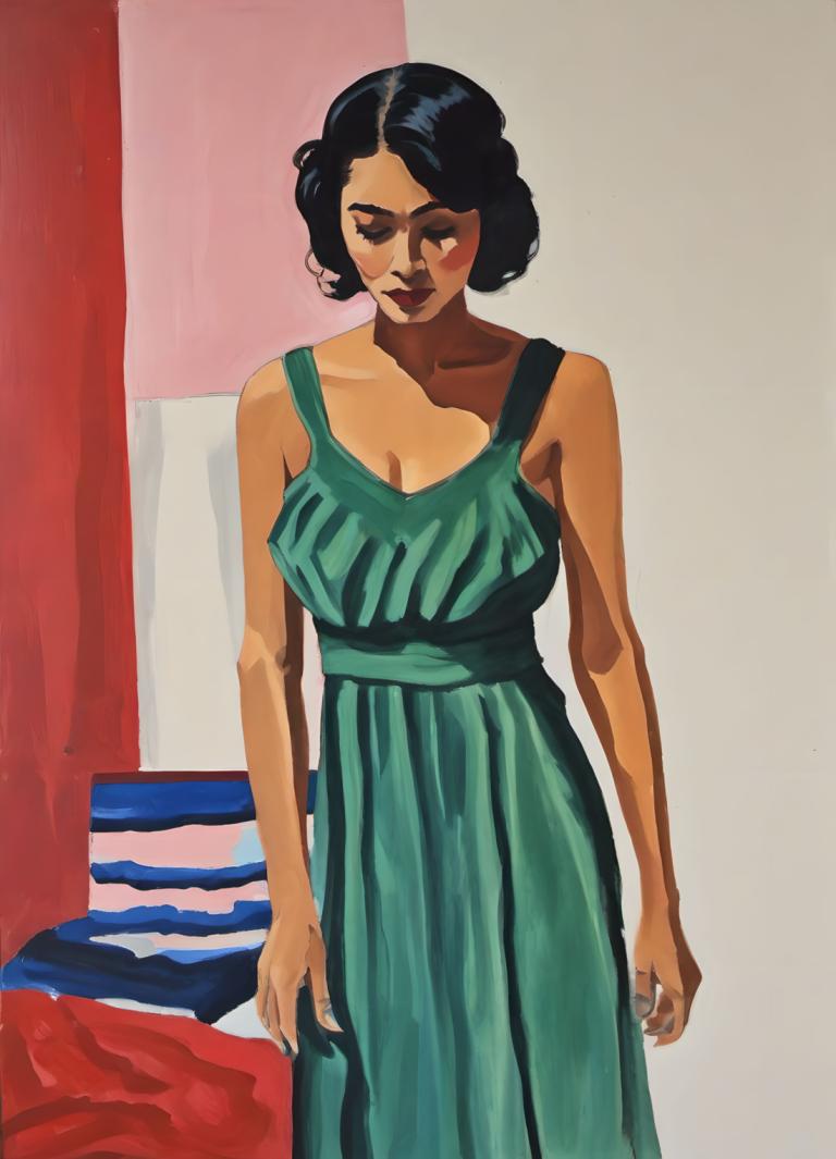 Gouache,Gouache, Menschen, Frau, 1Mädchen, Solo, schwarzes Haar, Kleid, grünes Kleid, kurzes Haar, Brüste