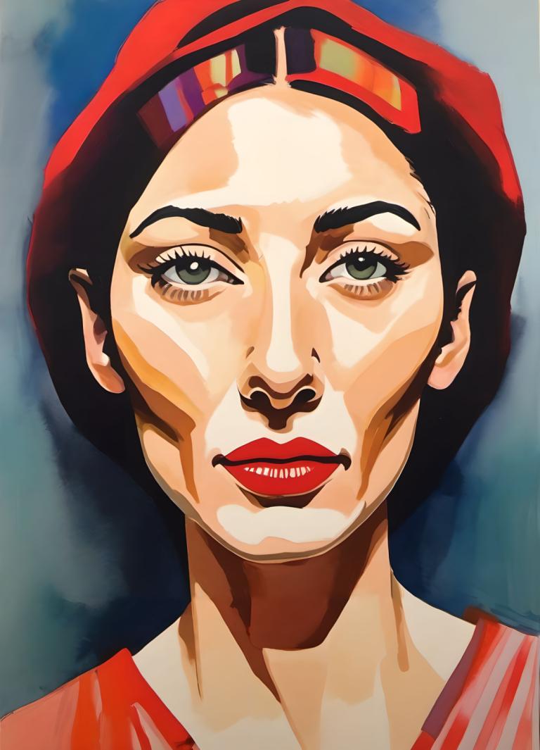 Gouache,Gouache, People, woman, solo, 1girl, hat, red lips, black hair, portrait, makeup, green eyes