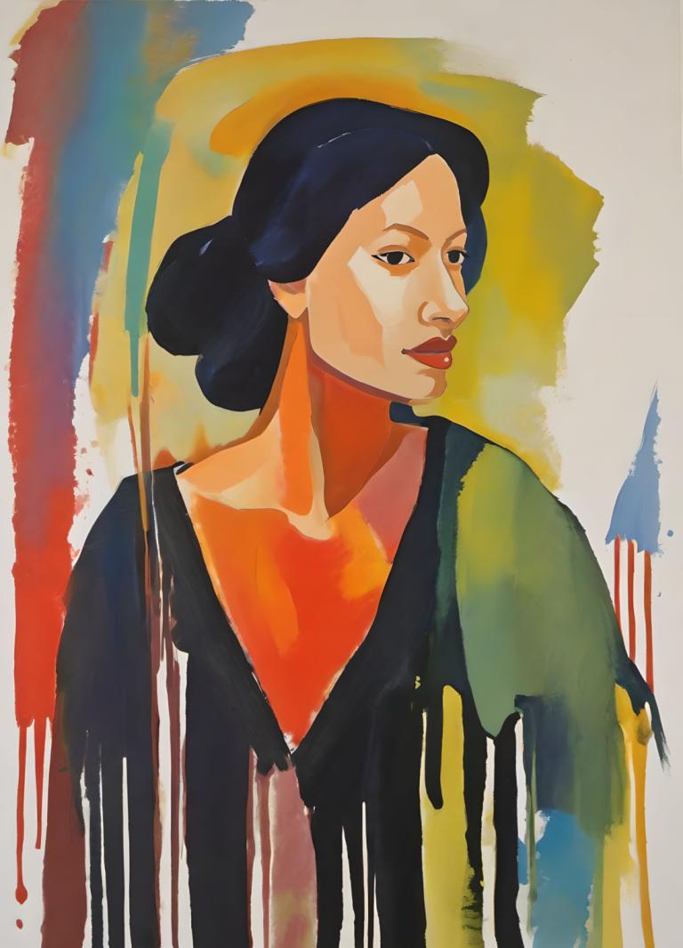 Gouache,Gouache, People, woman, 1girl, solo, black hair, black eyes, upper body, red lips, hair bun, lips