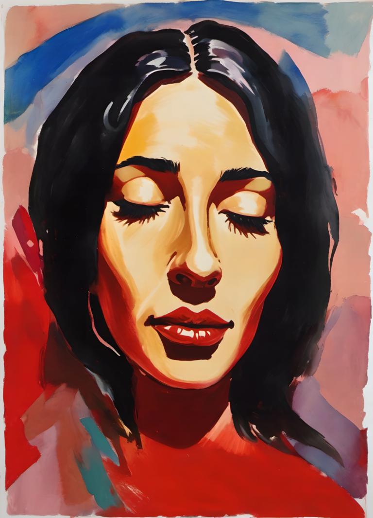 Gouache,Gouache, People, woman, 1girl, solo, closed eyes, black hair, portrait, red lips, makeup, lipstick