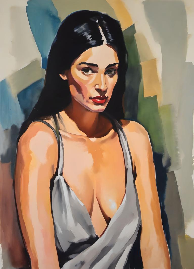 Gouache,Gouache, People, woman, 1girl, solo, black hair, breasts, long hair, looking at viewer