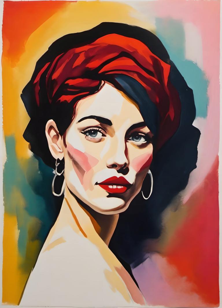 Gouache,Gouache, People, woman, 1girl, solo, jewelry, earrings, facepaint, hoop earrings, red hair, red lips