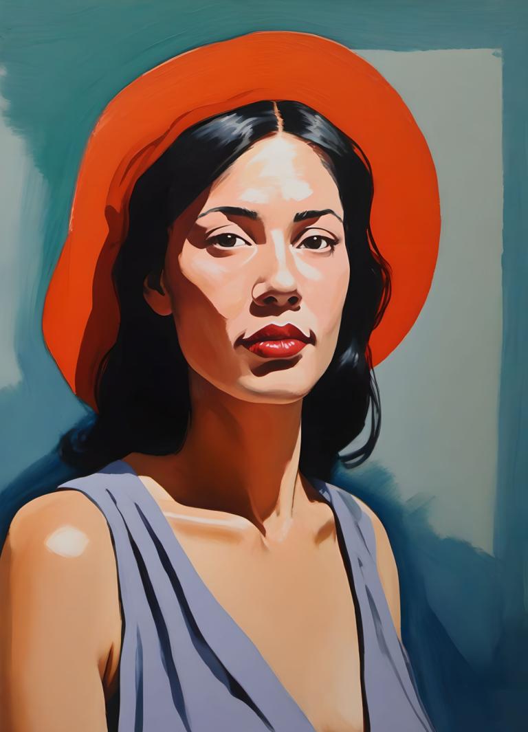 Gouache,Gouache, People, woman, 1girl, solo, black hair, hat, black eyes, lips, upper body, long hair, makeup