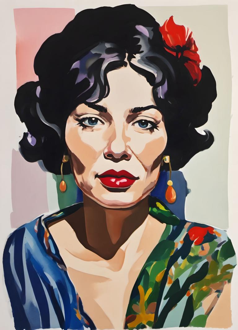 Gouache,Gouache, People, woman, solo, 1girl, black hair, red lips, lipstick, earrings, flower, jewelry