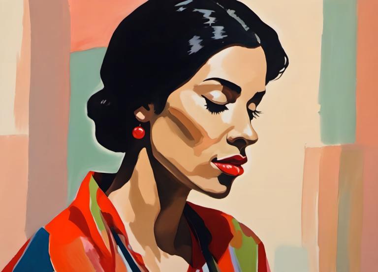 Gouache,Gouache, People, woman, 1girl, solo, red lips, jewelry, black hair, earrings, lipstick, closed eyes