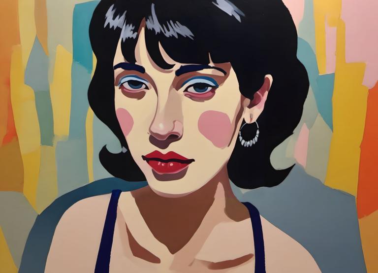 Gouache,Gouache, People, woman, 1girl, solo, jewelry, earrings, black hair, makeup, short hair, red lips