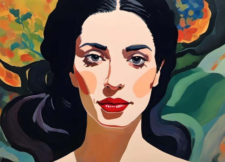 Gouache,Gouache, People, woman, 1girl, solo, black hair, red lips, portrait, makeup, long hair, lipstick