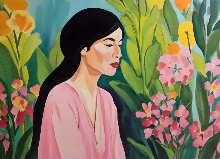 Gouache,Gouache, People, woman, 1girl, flower, solo, black hair, long hair, pink flower, closed eyes