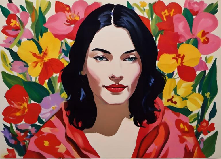 Gouache,Gouache, People, woman, 1girl, solo, flower, black hair, looking at viewer, red lips, red flower