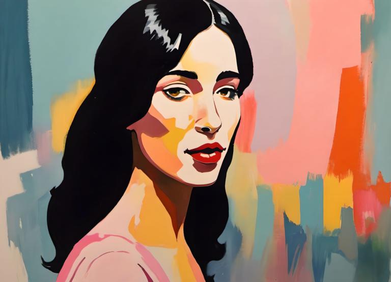 Gouache,Gouache, People, woman, 1girl, solo, black hair, long hair, looking at viewer, red lips, brown eyes