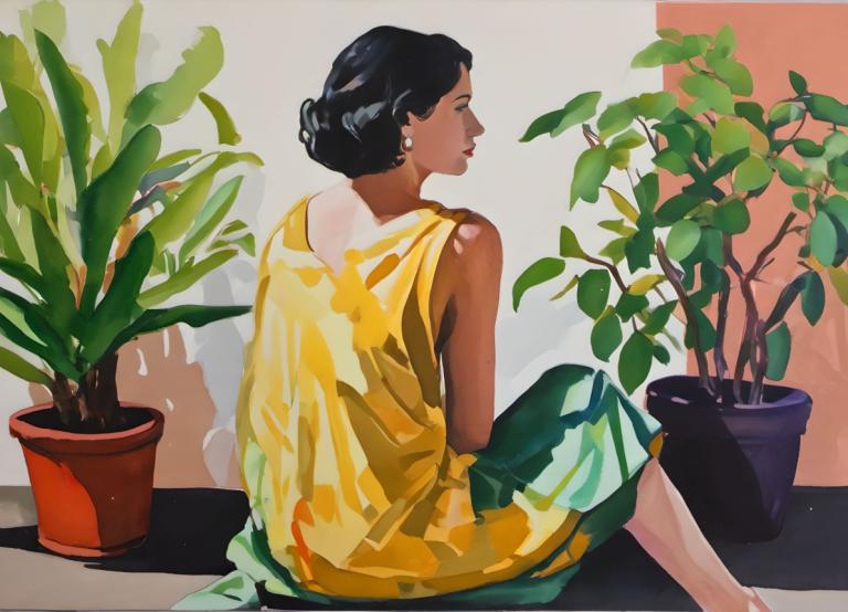 Gouache,Gouache, People, woman, 1girl, plant, solo, black hair, sitting, earrings, potted plant, jewelry