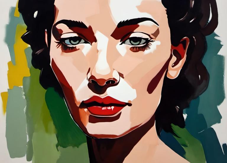 Gouache,Gouache, People, woman, solo, black hair, portrait, looking at viewer, red lips, makeup, lipstick