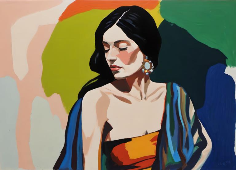 Gouache,Gouache, People, woman, 1girl, solo, black hair, earrings, jewelry, closed eyes, long hair