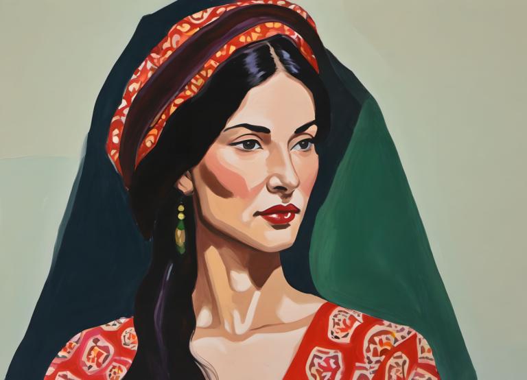 Gouache,Gouache, People, woman, 1girl, solo, jewelry, earrings, black hair, long hair, veil, fine art parody