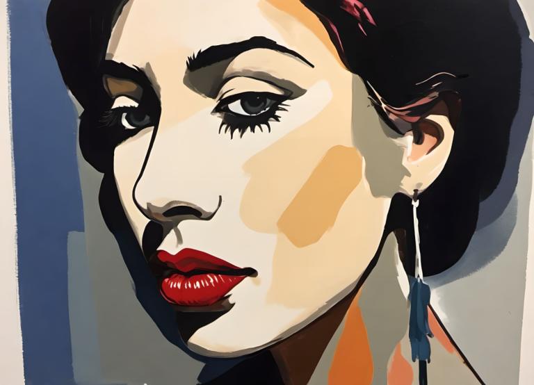 Gouache,Gouache, People, woman, solo, 1girl, jewelry, earrings, portrait, black hair, red lips