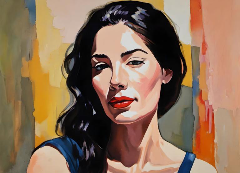 Gouache,Gouache, People, woman, 1girl, solo, black hair, red lips, long hair, black eyes, looking at viewer