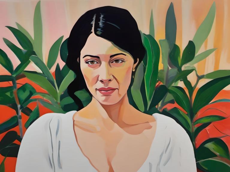 Gouache,Gouache, People, woman, solo, 1girl, black hair, plant, shirt, white shirt, looking at viewer, leaf