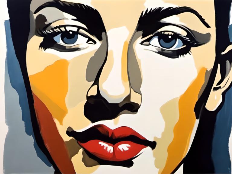 Gouache,Gouache, People, woman, red lips, makeup, lipstick, blue eyes, parody, black hair, looking at viewer