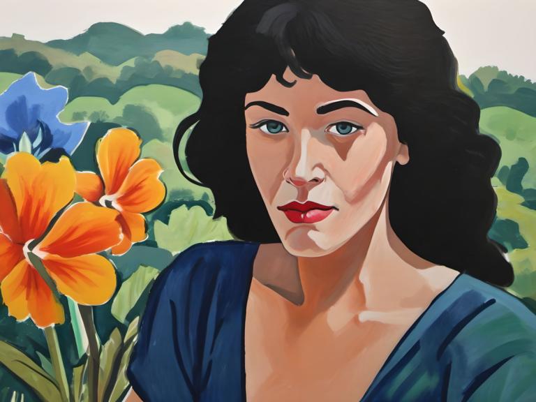 Gouache,Gouache, People, woman, solo, flower, black hair, 1girl, looking at viewer, blue eyes, blue flower