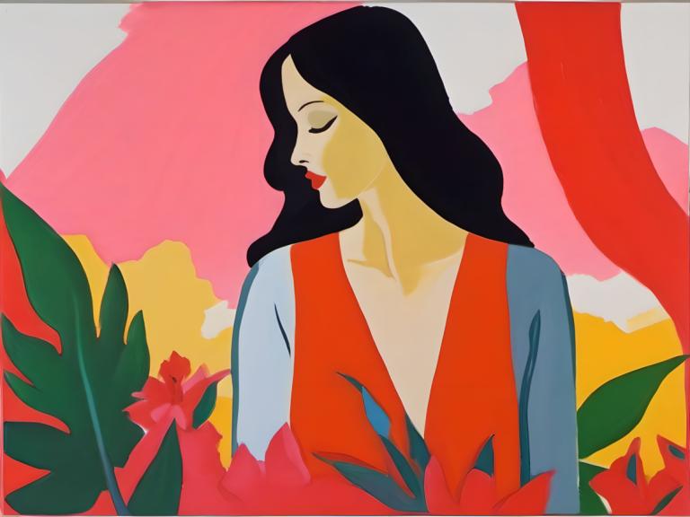 Gouache,Gouache, People, woman, 1girl, solo, black hair, flower, closed eyes, long hair, red lips, lipstick