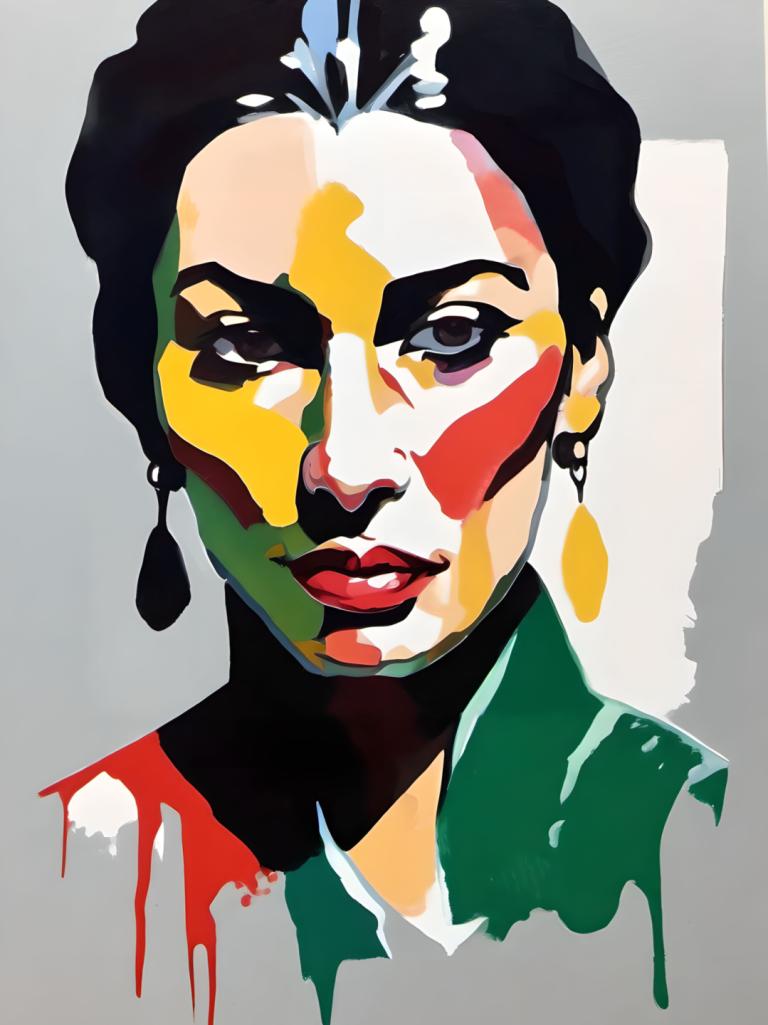 Gouache,Gouache, People, woman, solo, earrings, jewelry, black hair, portrait, facepaint, grey background