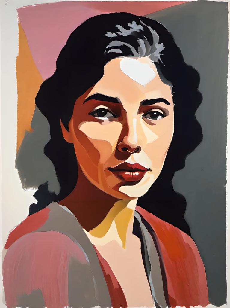 Gouache,Gouache, People, woman, solo, black hair, 1girl, black eyes, long hair, looking at viewer, portrait