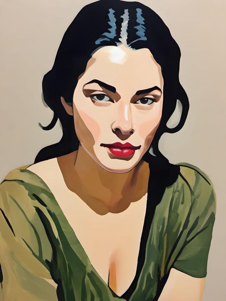 Gouache,Gouache, People, woman, 1girl, solo, black hair, breasts, cleavage, makeup, lipstick, shirt