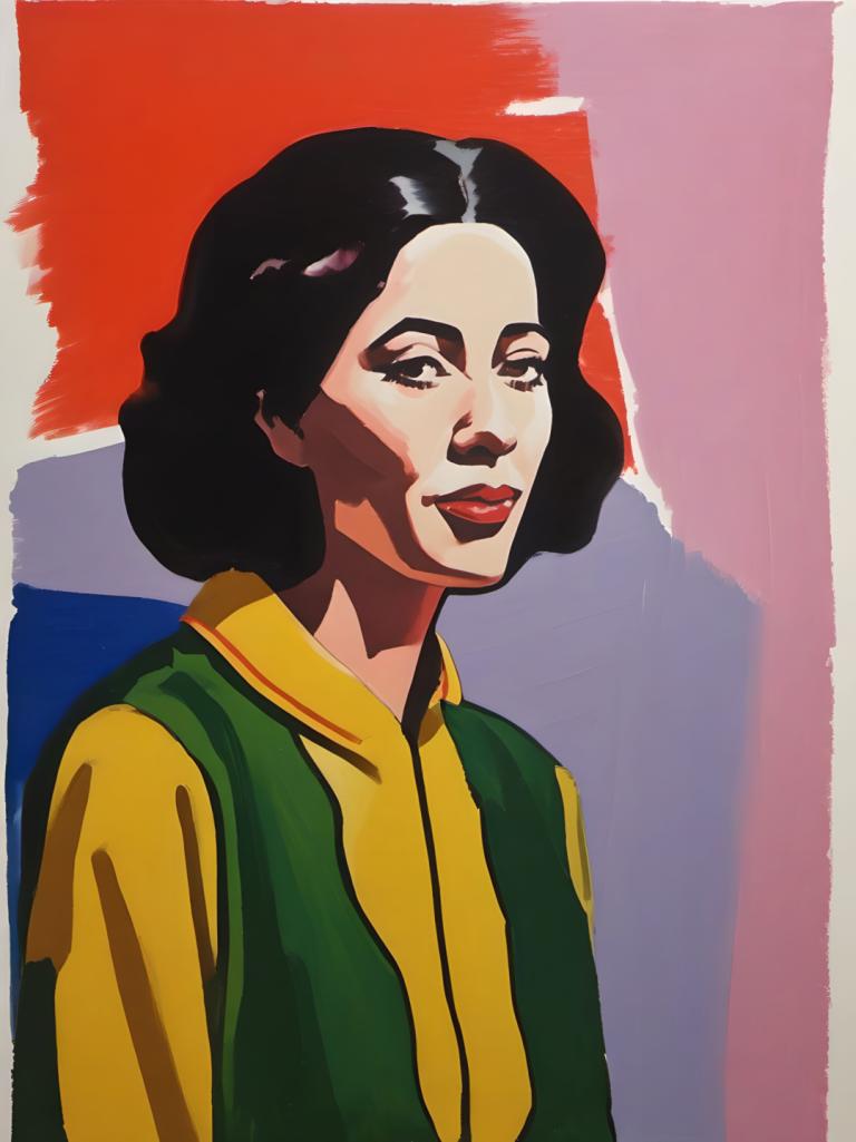 Gouache,Gouache, People, woman, solo, 1girl, black hair, upper body, yellow shirt, red lips, black eyes, vest