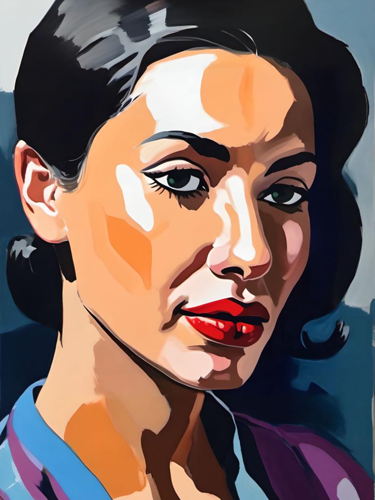 Gouache,Gouache, People, woman, solo, black hair, black eyes, 1girl, red lips, portrait, lipstick