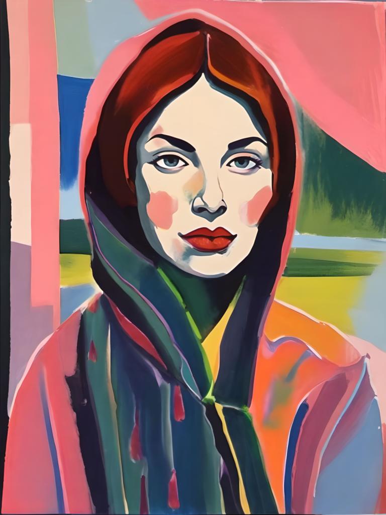 Gouache,Gouache, People, woman, solo, 1girl, facepaint, hood, makeup, looking at viewer, lipstick, clown