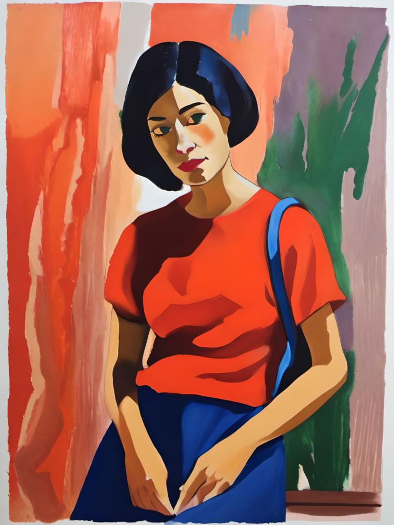 Gouache,Gouache, People, woman, 1girl, solo, shirt, black hair, red shirt, short sleeves, looking at viewer