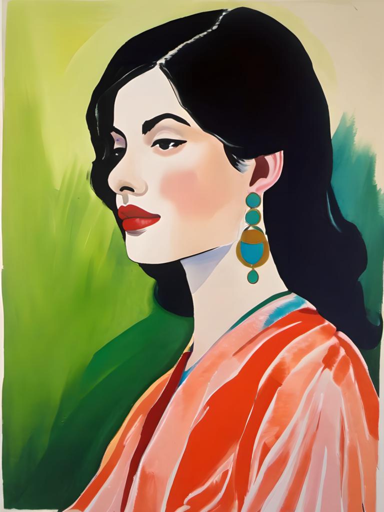 Gouache,Gouache, People, woman, 1girl, solo, jewelry, black hair, earrings, black eyes, long hair, red lips