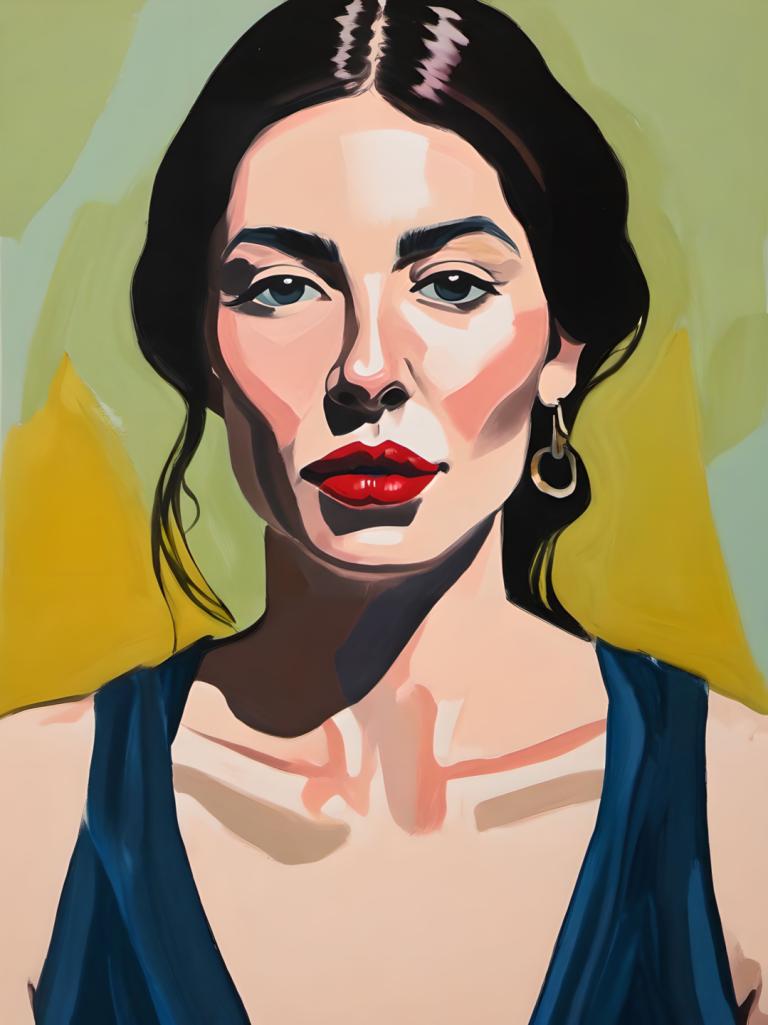 Gouache,Gouache, People, woman, solo, earrings, jewelry, black hair, 1girl, makeup, red lips, lipstick