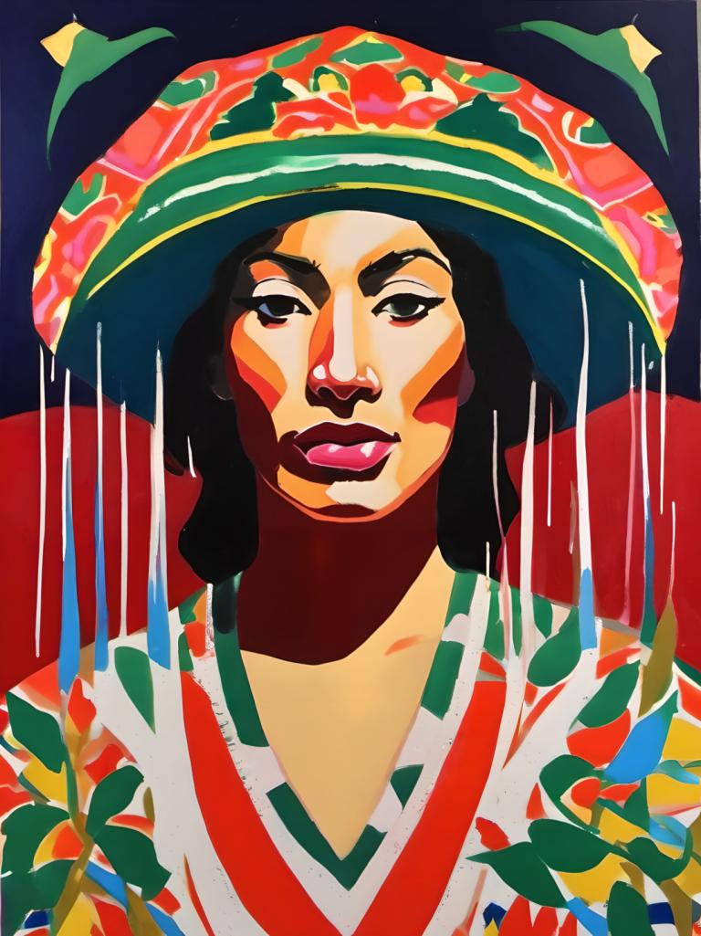 Gouache,Gouache, People, woman, solo, black hair, 1girl, black eyes, looking at viewer, hat, leaf, upper body