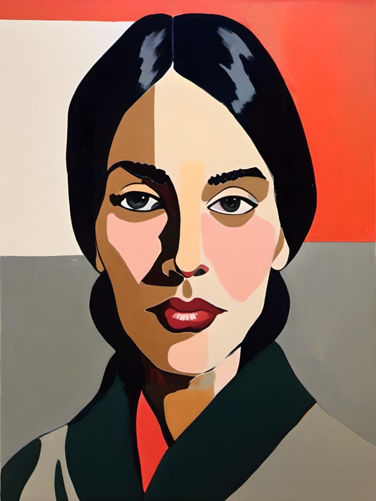 Gouache,Gouache, People, woman, solo, black hair, black eyes, red lips, looking at viewer, portrait, 1girl