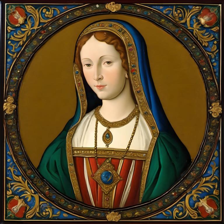 Scambio di volto, Ritratto classico, Arte dello smalto, Persone, donna europea medievale, ritratto, 1 ragazza, assolo, capelli castani, gioielleria, collana, treccia, guardando lo spettatore, incorniciato, Parodia delle belle arti, Torace, sorriso, realistico, stile liberty, occhi verdi